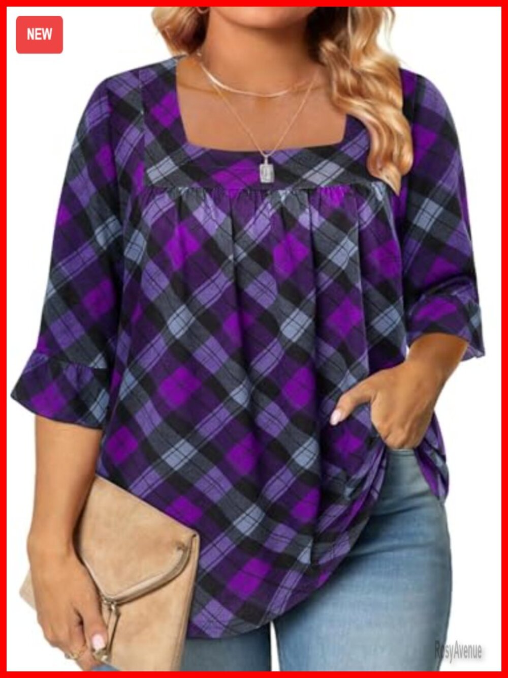 Plus Size Tunic Top 3/4 Ruffle Sleeve Square Neck Loose Fit Blouse